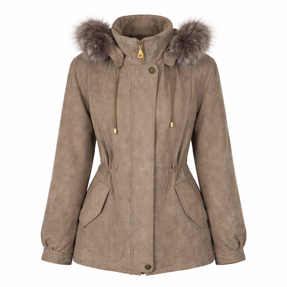 St. John’s Bay Faux Suede & Fur Parka Cinched Waist Quiet Luxury Taupe